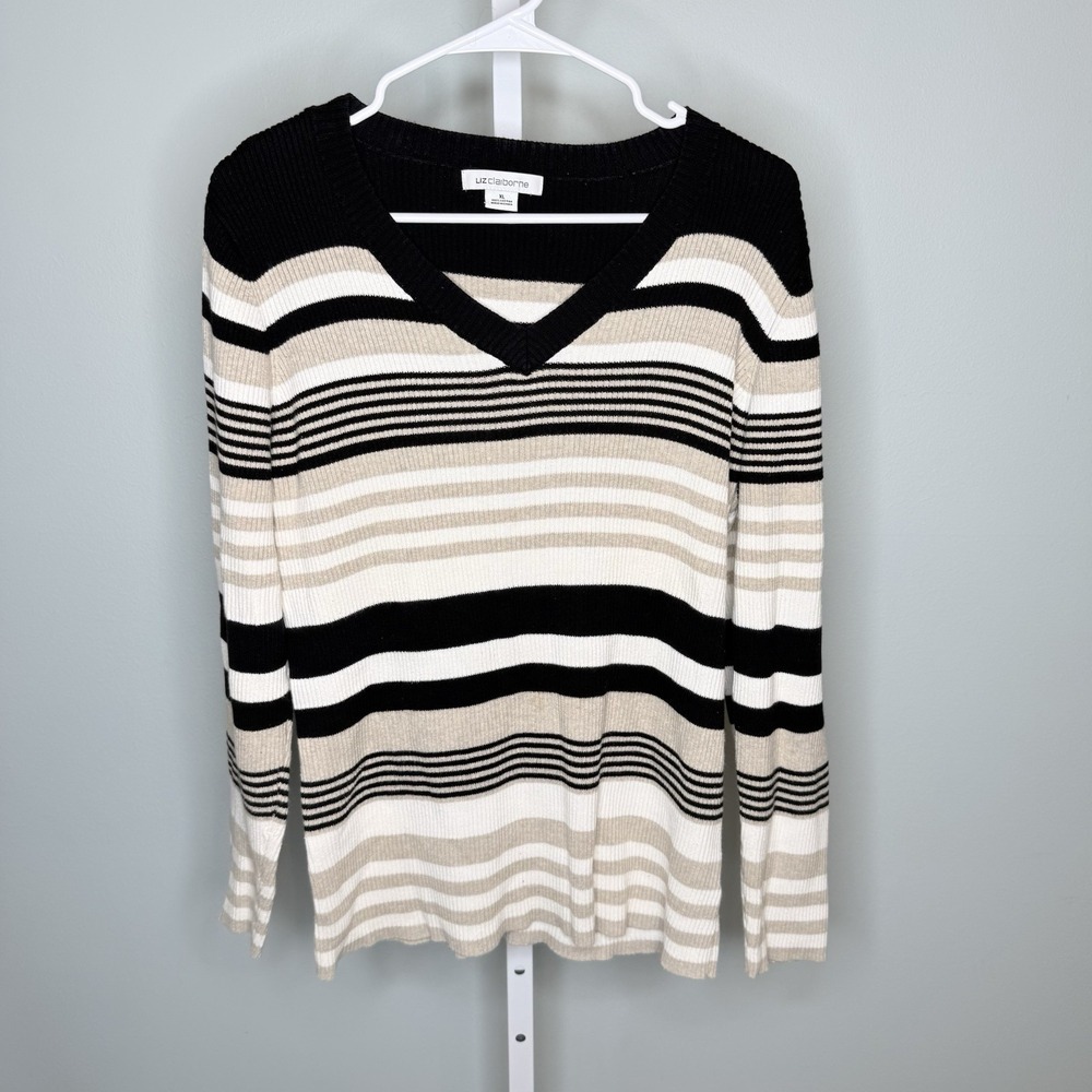 Liz Claiborne‎ Women's Pullover Sweater Size XL Stripped V-Neck Striped Cotton